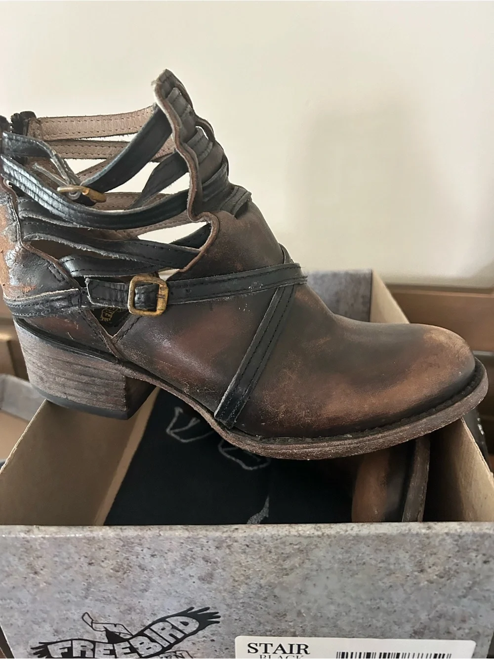 freebird Rustic Brown Leather Strappy Ankle Booties